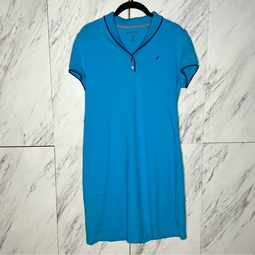 Nautica Preppy Tenniscore Bright Blue Contrast Piping Polo Shirtdress Womens M